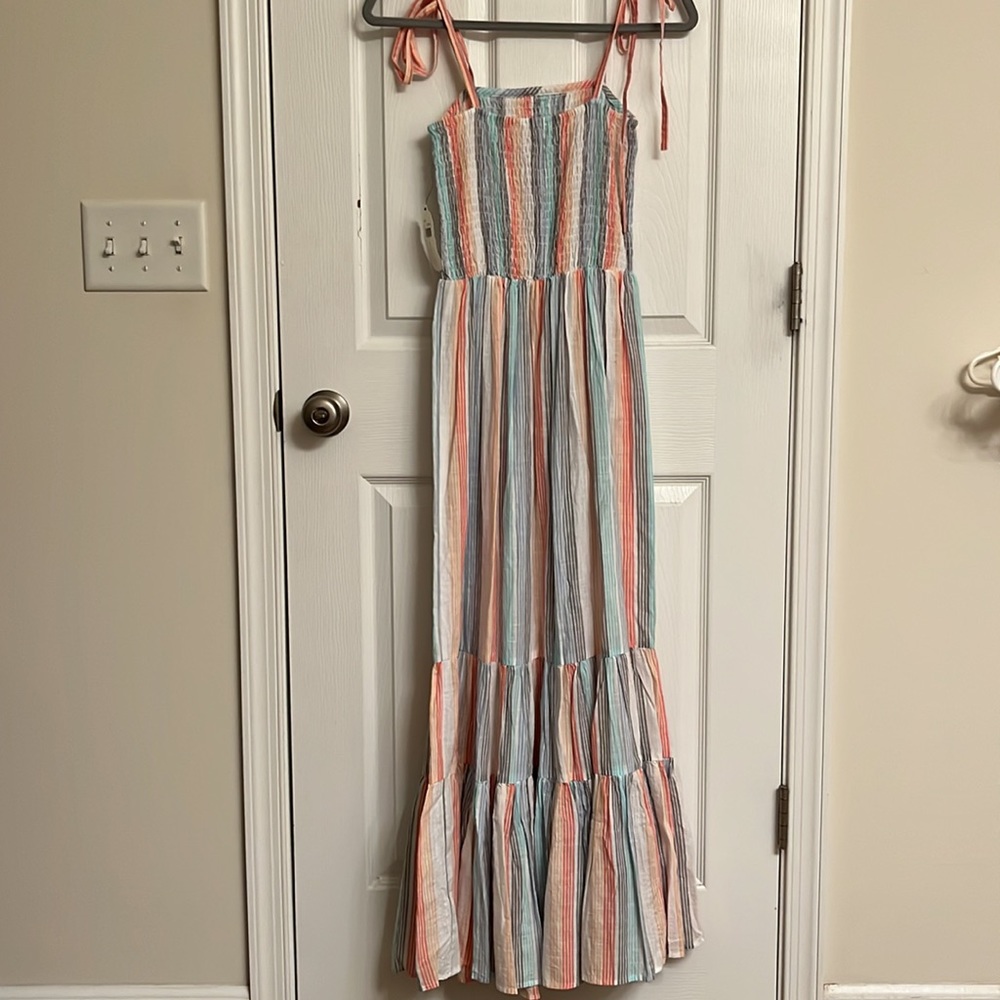 NEW Altar’d State Ivory Blue Green Stripe Smocked Maxi Dress Elastic Waist Small - Picture 2 of 10